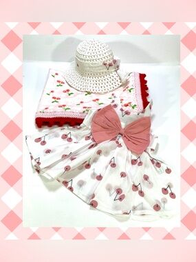 Cherry Gingham Polka Dot Vintage Style Minky Crocheted Baby Blanket Gift Set